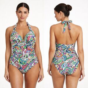 Lauren Ralph Lauren Paisley Halter One-Piece Swimsuit Size 12 NWT Ruched